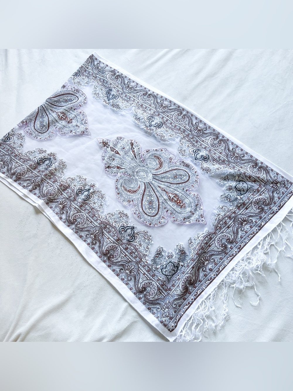 Fringed Paisley Long Scarf Wrap in White with Gray Accents